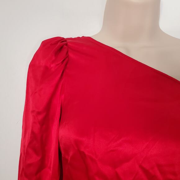 Reformation Justine 100% Silk High Slit One Shoulder Midi Dress Cherry Red 4 - Picture 6 of 9